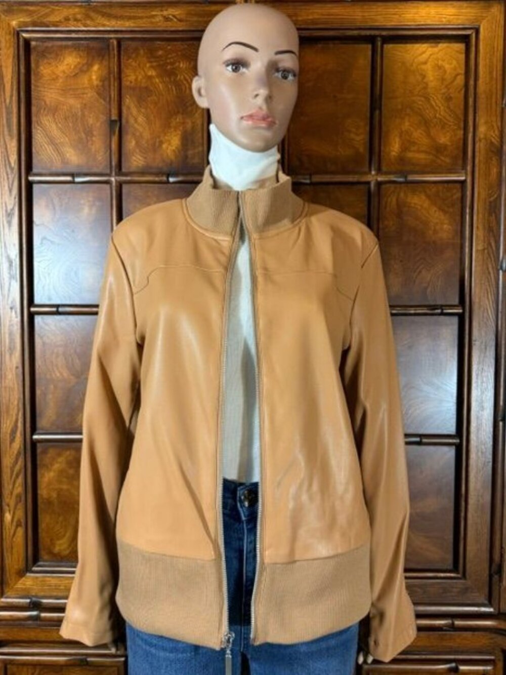 G by Giuliana Almond Faux Leather Zipper Sleeve Ribbed Funnel Neck Bomber Jacket